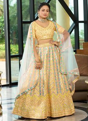 Yellow Sequins Zari And Thread Embroidered Heavy Dola Silk With Heavy Fusing Wedding Designer Lehenga 1