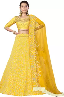Mesmerizing Yellow Sequins, Zari, and Thread Embroidered Heavy Dola Silk with Heavy Fusing Wedding Designer Lehenga