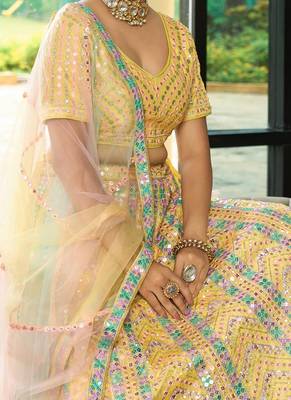 Yellow Sequins Zari And Thread Embroidered Heavy Dola Silk With Heavy Fusing Wedding Designer Lehenga 2