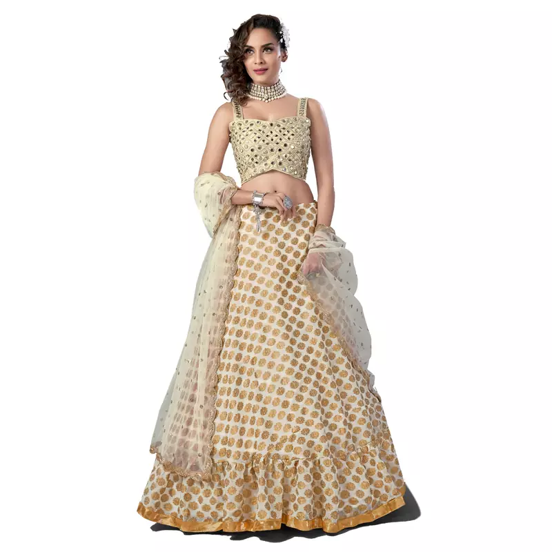 White embroidered viscose semi stitched wedding lehenga