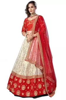 Red embroidered art silk semi stitched wedding lehenga