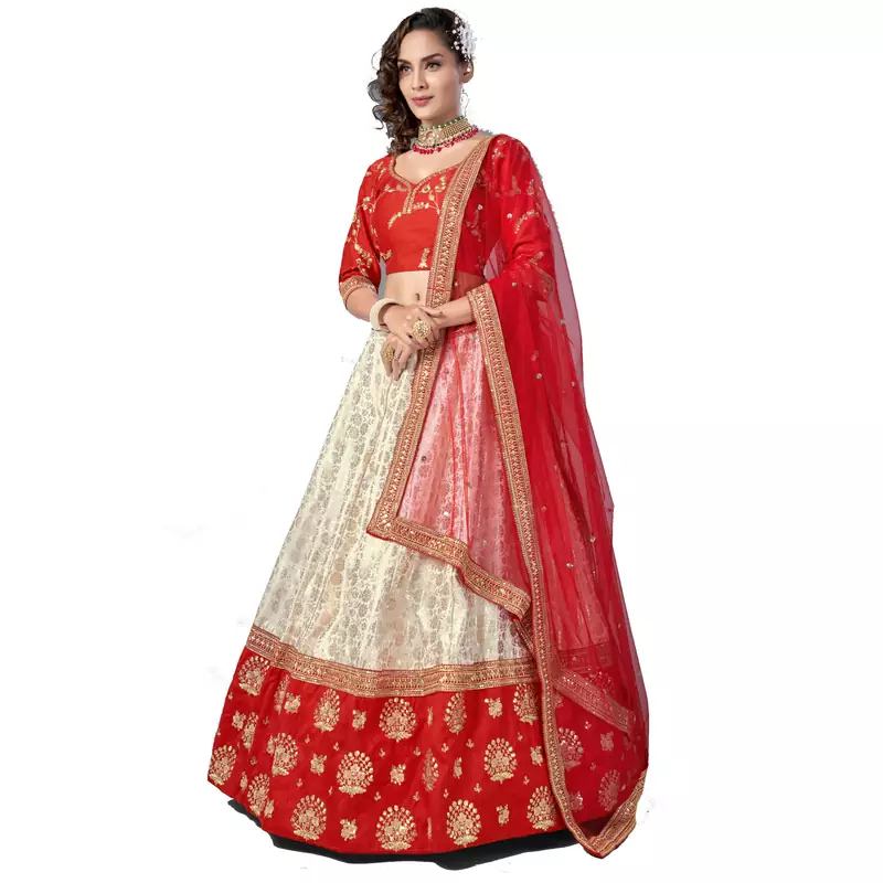 Red embroidered art silk semi stitched wedding lehenga