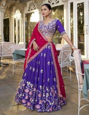 Blue dori and sequins embroidered Vichitra Silk indian wedding stitched lehenga dress 1