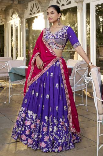 Blue dori and sequins embroidered Vichitra Silk indian wedding stitched lehenga dress