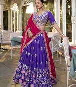 Blue dori and sequins embroidered Vichitra Silk indian wedding stitched lehenga dress