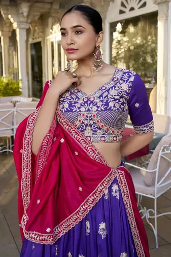 Blue dori and sequins embroidered Vichitra Silk indian wedding stitched lehenga dress