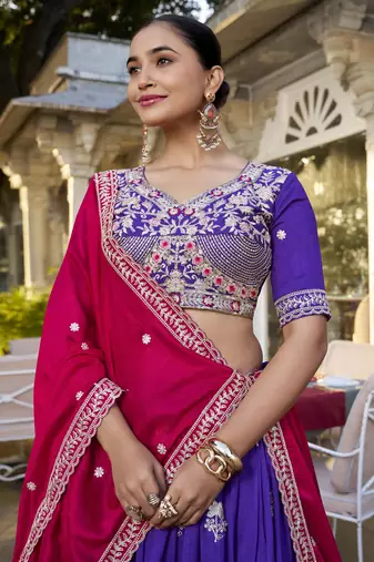 Blue dori and sequins embroidered Vichitra Silk indian wedding stitched lehenga dress