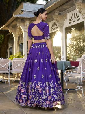 Blue dori and sequins embroidered Vichitra Silk indian wedding stitched lehenga dress 4