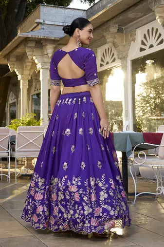 Blue dori and sequins embroidered Vichitra Silk indian wedding stitched lehenga dress