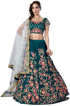 Light-green embroidered satin semi stitched wedding lehenga
