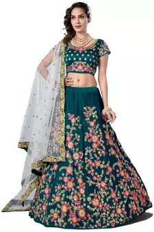 Light-green embroidered satin semi stitched wedding lehenga