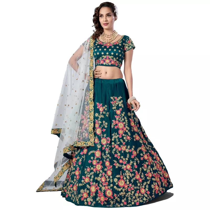 Light-green embroidered satin semi stitched wedding lehenga