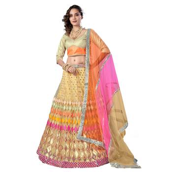 Bewitching Beige zari embroidered with plastic mirror work net Semi Stitched wedding Lehenga 1