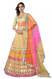 Beige embroidered net semi stitched wedding lehenga