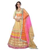 Bewitching Beige zari embroidered with plastic mirror work net Semi Stitched wedding Lehenga