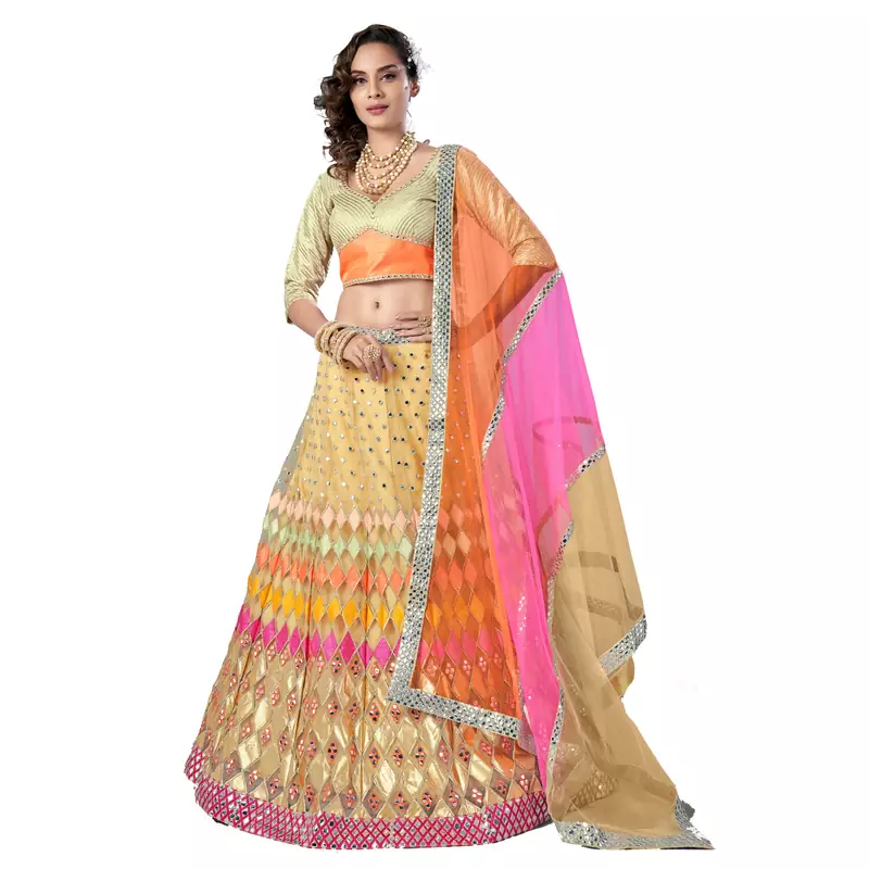 Beige embroidered net semi stitched wedding lehenga