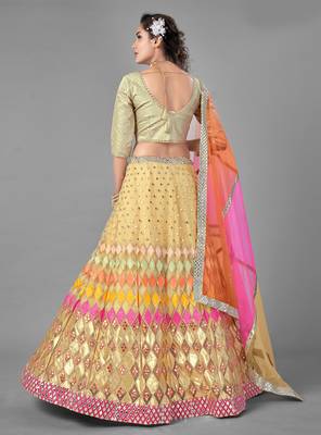 Bewitching Beige zari embroidered with plastic mirror work net Semi Stitched wedding Lehenga 2