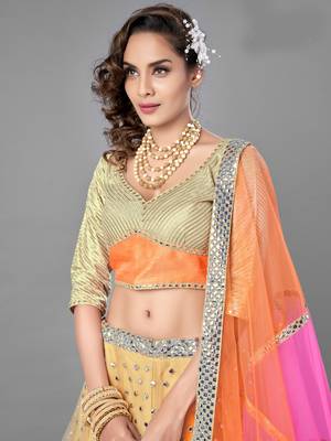 Bewitching Beige zari embroidered with plastic mirror work net Semi Stitched wedding Lehenga 3