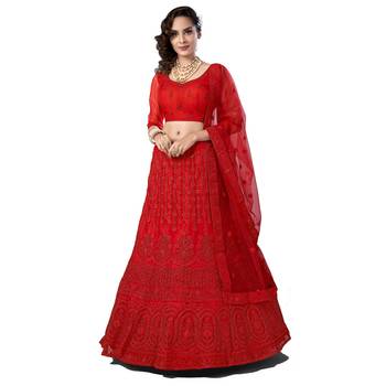 Engaging Red Dori and thread embroidered with stone work net Semi Stitched wedding Lehenga 1