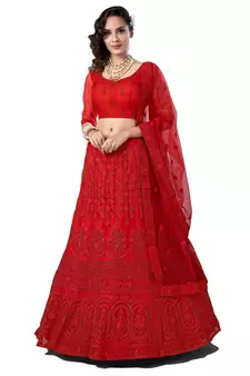 Red embroidered net semi stitched wedding lehenga