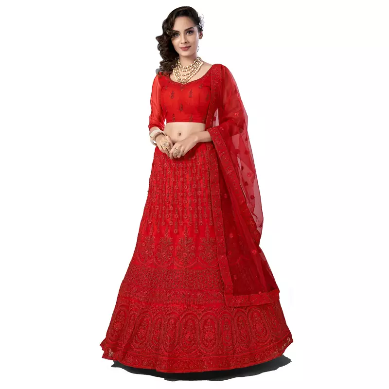 Red embroidered net semi stitched wedding lehenga