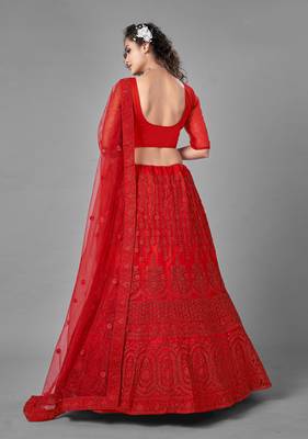 Engaging Red Dori and thread embroidered with stone work net Semi Stitched wedding Lehenga 2