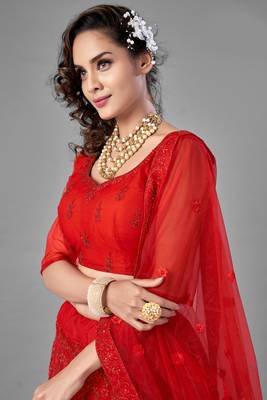 Engaging Red Dori and thread embroidered with stone work net Semi Stitched wedding Lehenga 3