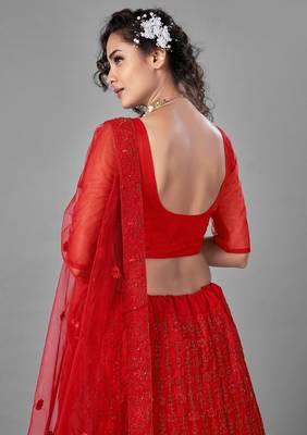 Engaging Red Dori and thread embroidered with stone work net Semi Stitched wedding Lehenga 4