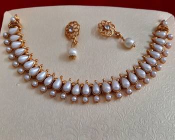 Exclusive Gold Plated Wedding Jewellery white pearls  White  Kundan Choker Necklace  with earrings Set For Women. 2