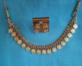 Necklace  Gold Plated Long Temple Coin Multicolor Traditional Fashion Jewellery Set For Women & girls 1