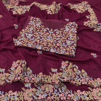 Purple Embroidered Bollywood Designer Silk Blend Saree With Blouse 6