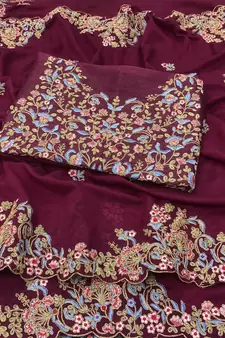 Purple Embroidered Bollywood Designer Silk Blend Saree With Blouse