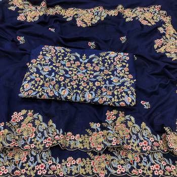 Blue Embroidered Bollywood Designer Silk Blend Saree With Blouse 6