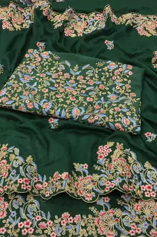 Green Embroidered Bollywood Designer Silk Blend Saree With Blouse