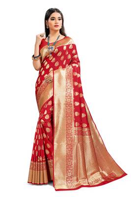 Red woven art silk saree with blouse 1