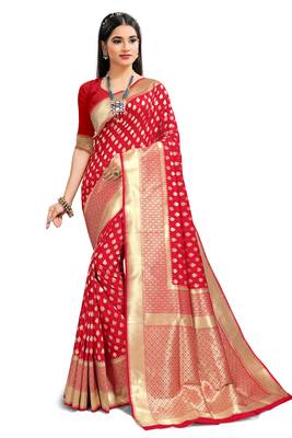 Red woven art silk saree with blouse 1