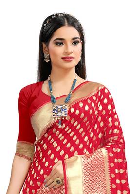 Red woven art silk saree with blouse 3