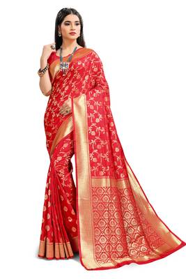 Red woven art silk saree with blouse 1