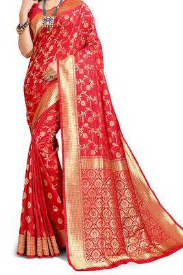 Red woven art silk saree with blouse 2