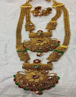 Gold Plated Wedding Jewellery Long Har Necklace  Set Multicolor Kundan With Earrings for women  & Girls  1