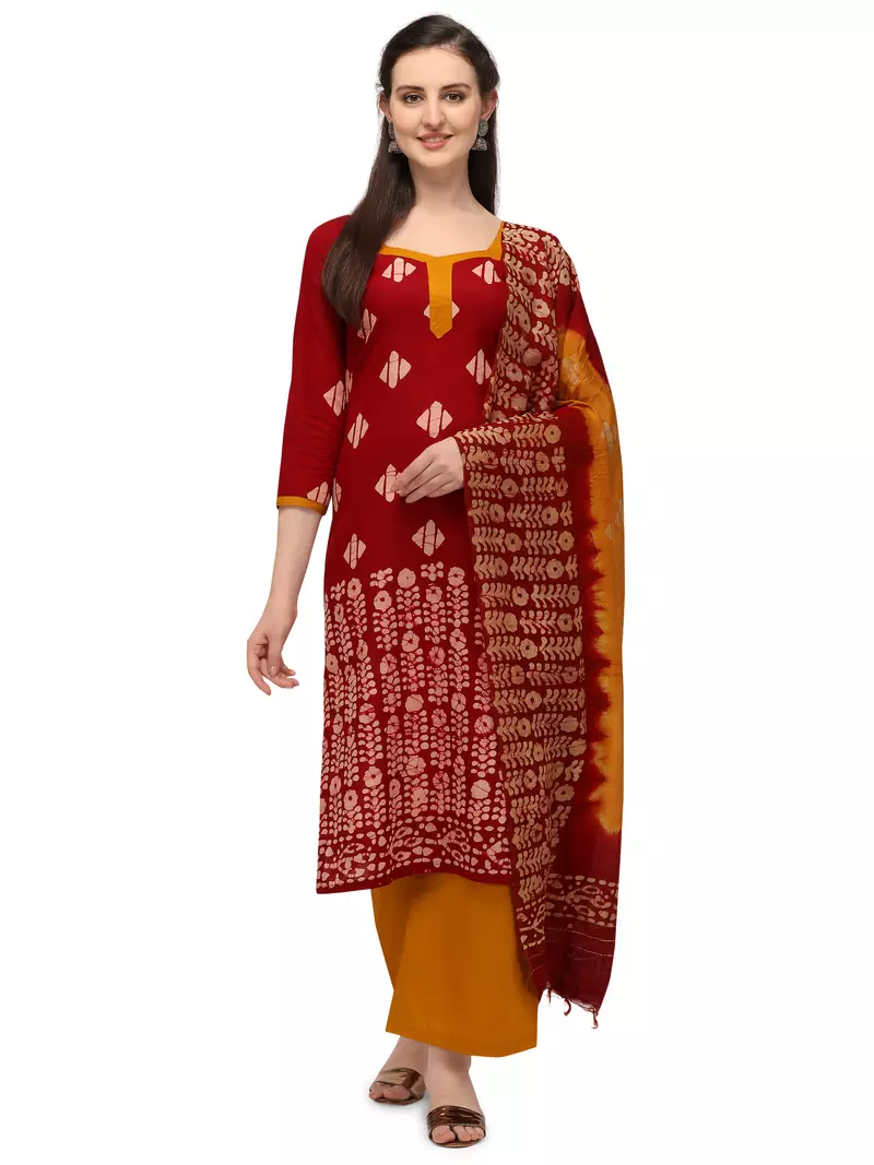maroon Soft Cotton Wex Batik Print Suits