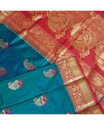 Teal with red pure handloom silk with paisley booties all over and intricate floral motifs on pallu and border. 2