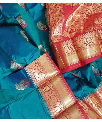 Teal with red pure handloom silk with paisley booties all over and intricate floral motifs on pallu and border. 3
