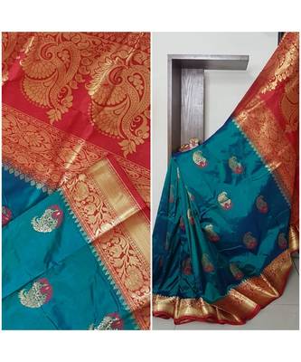 Teal with red pure handloom silk with paisley booties all over and intricate floral motifs on pallu and border. 4