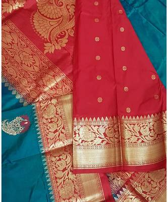 Teal with red pure handloom silk with paisley booties all over and intricate floral motifs on pallu and border. 5