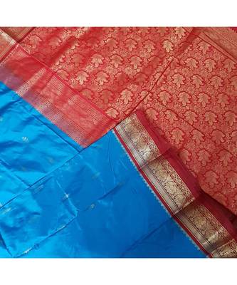 Blue with maroon red handloom small Ghatti border pure south silk saree. 2