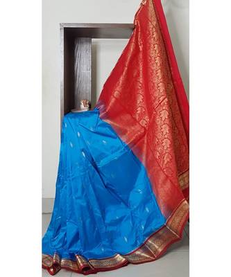 Blue with maroon red handloom small Ghatti border pure south silk saree. 1