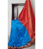 Blue with maroon red handloom small Ghatti border pure south silk saree.