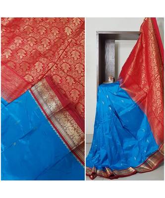 Blue with maroon red handloom small Ghatti border pure south silk saree. 3