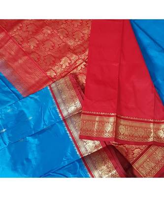 Blue with maroon red handloom small Ghatti border pure south silk saree. 4